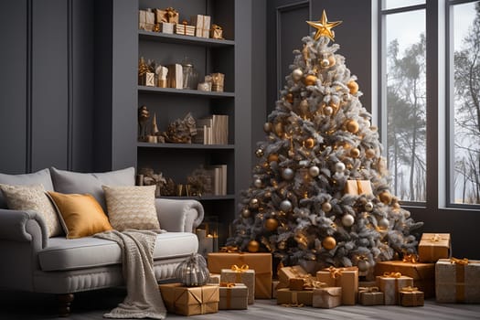 Bright room decorated for Christmas or New Year with a Christmas tree, a sofa, an illuminated window creating a warm festive atmosphere.