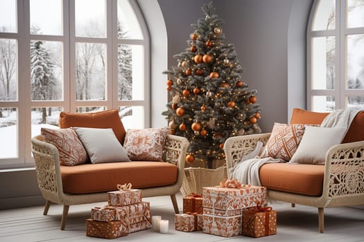 Bright room decorated for Christmas or New Year with a Christmas tree, a sofa, an illuminated window creating a warm festive atmosphere.