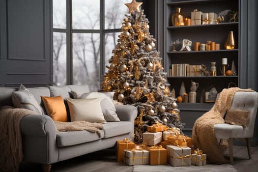 Bright room decorated for Christmas or New Year with a Christmas tree, a sofa, an illuminated window creating a warm festive atmosphere.