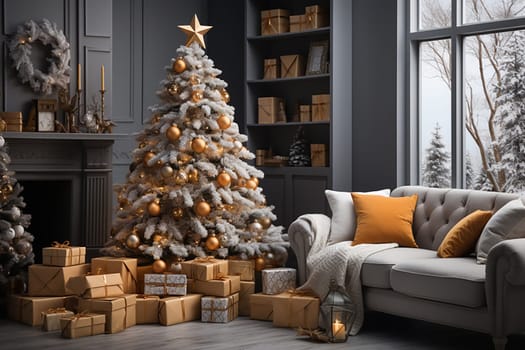 Bright room decorated for Christmas or New Year with a Christmas tree, a sofa, an illuminated window creating a warm festive atmosphere.