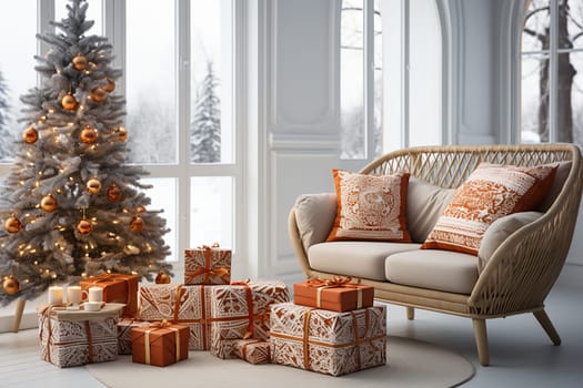 Bright room decorated for Christmas or New Year with a Christmas tree, a sofa, an illuminated window creating a warm festive atmosphere.