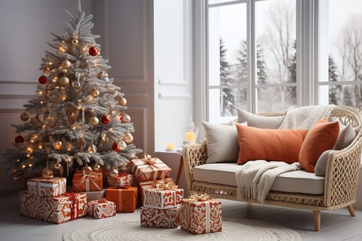 Bright room decorated for Christmas or New Year with a Christmas tree, a sofa, an illuminated window creating a warm festive atmosphere.