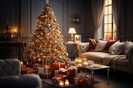 Bright room decorated for Christmas or New Year with a Christmas tree, a sofa, an illuminated window creating a warm festive atmosphere.