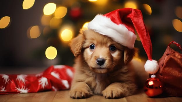 Adorable dog wearing Santa hats at room decorated for Christmas comeliness