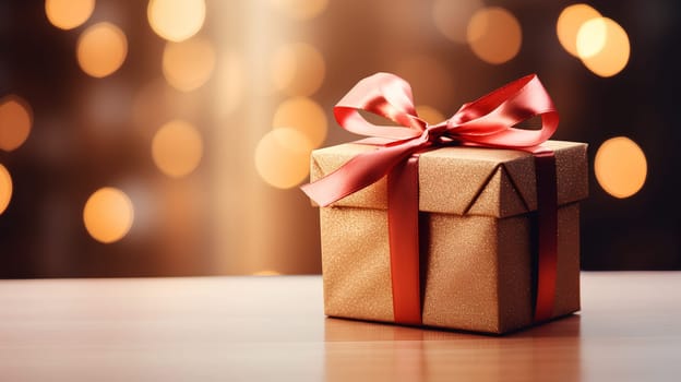 A sparkling golden gift box tied with a red ribbon, set against a backdrop of warm bokeh lights - Generative AI
