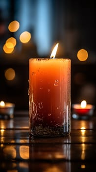 Candle flame dances within the confines of a glass, casting a warm light upon the stillness of the night, as wax slowly melts - generative AI