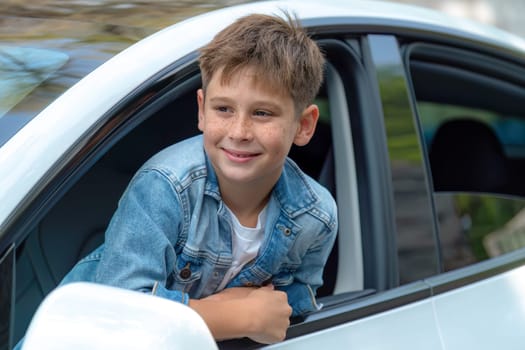 Excited and happy young little boy with smile on his face show up on car window while driving, playful and cheerful expression while on the road trip traveling by car during summertime. Perpetual