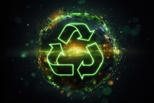 Glowing recycling icon, sorting and recycling environmental lending concept, world recycling day sign, rotating circle symbol, futuristic technology with green neon glow in smoke.by Generative AI.