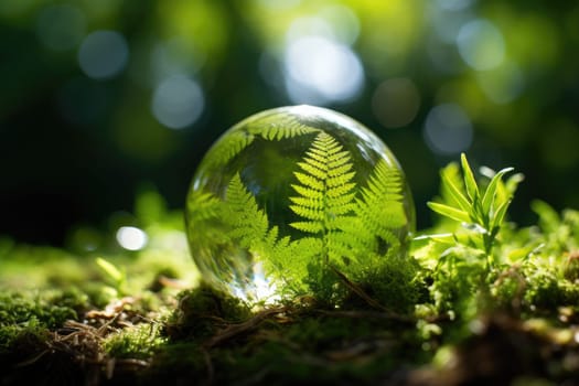 Conservation concept to preserve the earth's environment on grass with ferns and sunlight.by Generative AI.