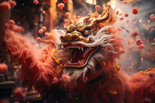 New Year Festival Dragon Festival has traditional smoke and fireworks in Chinese temples.by Generative AI.