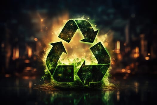 Glowing recycling icon, sorting and recycling environmental lending concept, world recycling day sign, rotating circle symbol, futuristic technology with green neon glow in smoke.by Generative AI.