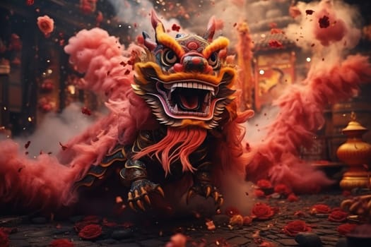 New Year Festival Dragon Festival has traditional smoke and fireworks in Chinese temples.by Generative AI.