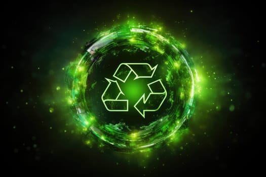 Glowing recycling icon, sorting and recycling environmental lending concept, world recycling day sign, rotating circle symbol, futuristic technology with green neon glow in smoke.by Generative AI.