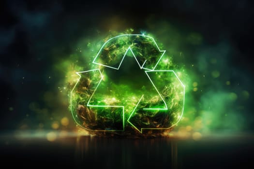 Glowing recycling icon, sorting and recycling environmental lending concept, world recycling day sign, rotating circle symbol, futuristic technology with green neon glow in smoke.by Generative AI.