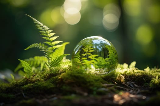 Conservation concept to preserve the earth's environment on grass with ferns and sunlight.by Generative AI.