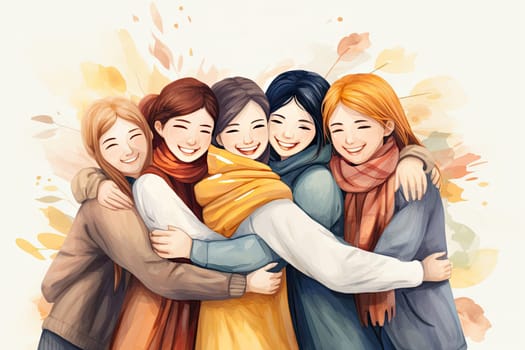 Human unity of hugging group of happy friends.by Generative AI.