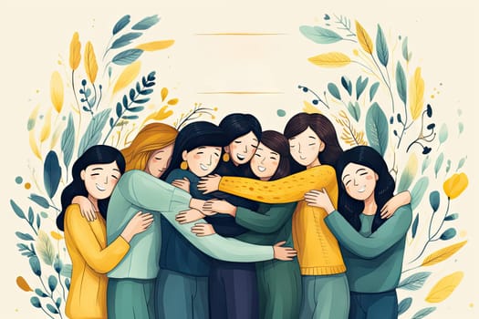 Human unity of hugging group of happy friends.by Generative AI.