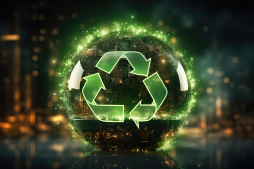 Glowing recycling icon, sorting and recycling environmental lending concept, world recycling day sign, rotating circle symbol, futuristic technology with green neon glow in smoke.by Generative AI.