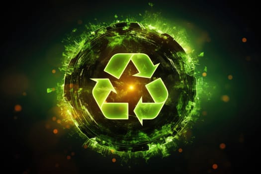 Glowing recycling icon, sorting and recycling environmental lending concept, world recycling day sign, rotating circle symbol, futuristic technology with green neon glow in smoke.by Generative AI.