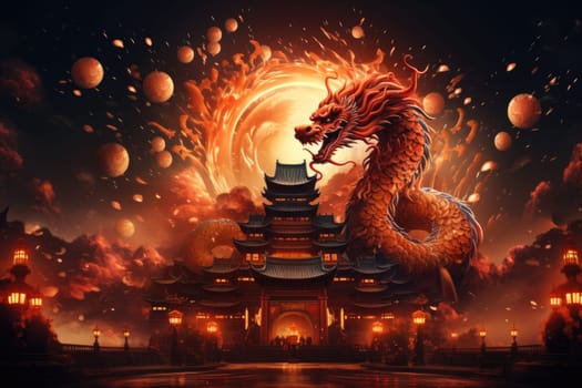 Celebrate Chinese New Year with fireworks, giant dragons and crowds. Chinese New Year Festival.by Generative AI.