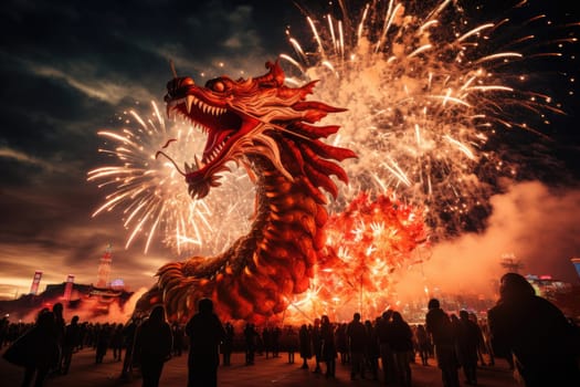 Celebrate Chinese New Year with fireworks, giant dragons and crowds. Chinese New Year Festival.by Generative AI.