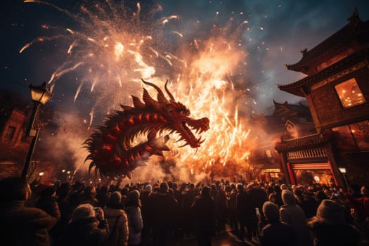 Celebrate Chinese New Year with fireworks, giant dragons and crowds. Chinese New Year Festival.by Generative AI.