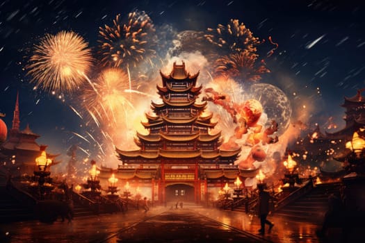 Celebrate Chinese New Year with fireworks, giant dragons and crowds. Chinese New Year Festival.by Generative AI.