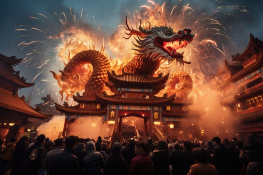 Celebrate Chinese New Year with fireworks, giant dragons and crowds. Chinese New Year Festival.by Generative AI.