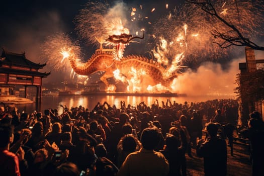 Celebrate Chinese New Year with fireworks, giant dragons and crowds. Chinese New Year Festival.by Generative AI.