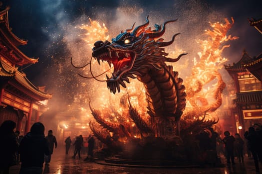 Celebrate Chinese New Year with fireworks, giant dragons and crowds. Chinese New Year Festival.by Generative AI.