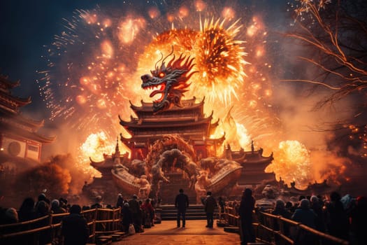 Celebrate Chinese New Year with fireworks, giant dragons and crowds. Chinese New Year Festival.by Generative AI.