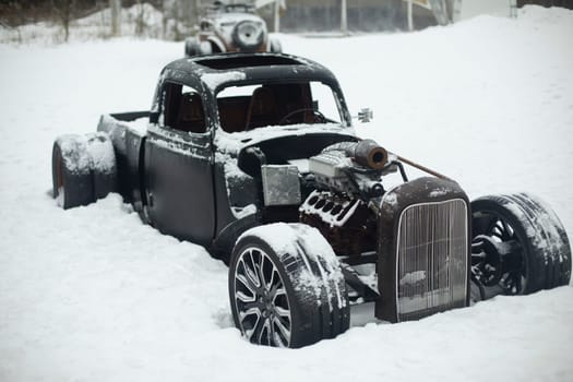 Old Car Parts. Retro car in detail. American car of 50s. Junkyard Cars.