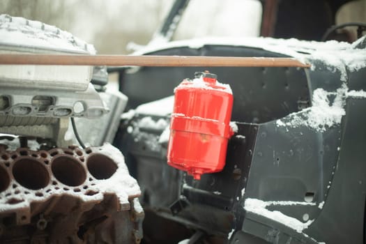 Old Car Parts. Retro car in detail. American car of 50s. Junkyard Cars.