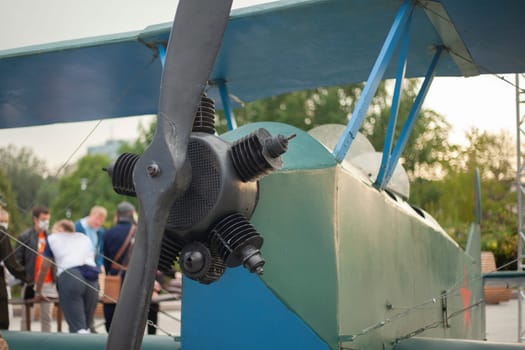 Vintage Airplane. The glider is on the ground. Aircraft propeller. An old hang glider.