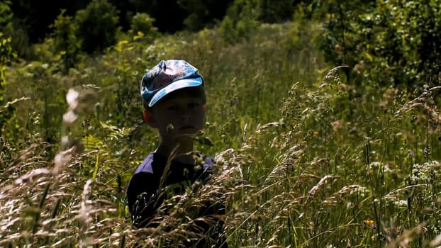 Portrait of a thoughtful little boy standing in long grass. Creative. Cute boy child in the summer meadow under the shining sun