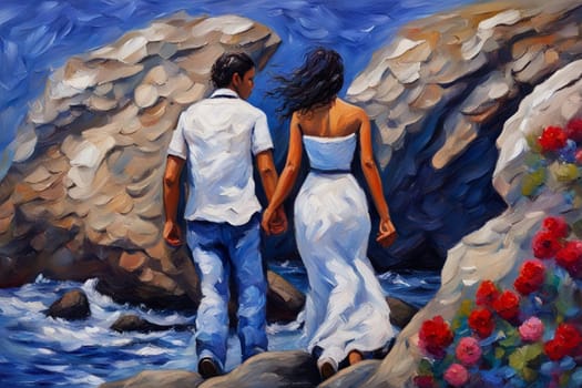 heterosexual couple walking by hand in the beach, romantic valentine painting illustrationgenerative ai art