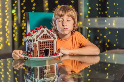 Immerse in festive delight as a boy crafts boy crafting an unconventional gingerbread house, infusing Christmas with unique creativity and festive cheer. A sweet scene of seasonal bonding and culinary fun.