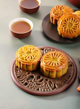 Moon cakes at mid autumn festival. Background food and drink tea and Mooncakes, copy space