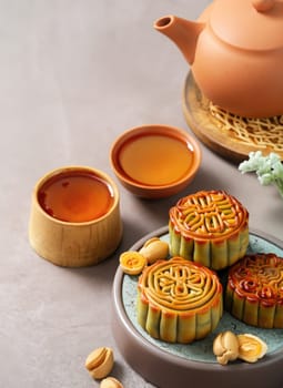 Moon cakes at mid autumn festival. Background food and drink tea and Mooncakes, copy space