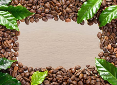 coffee seed and coffee leaf frame with floor copy space background