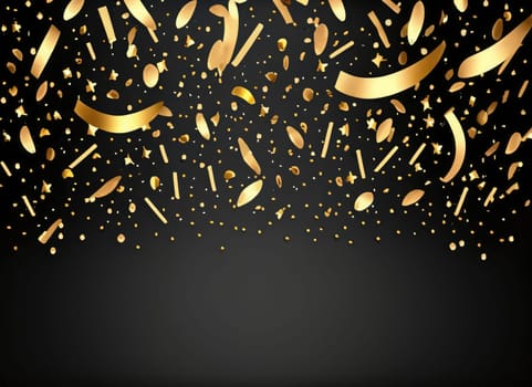 raining gold confetti isolated on black, party background concept with copy space for award