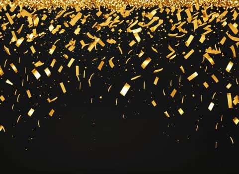 raining gold confetti isolated on black, party background concept with copy space for award