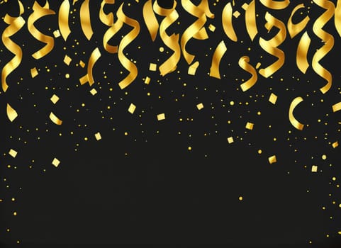 raining gold confetti isolated on black, party background concept with copy space for award