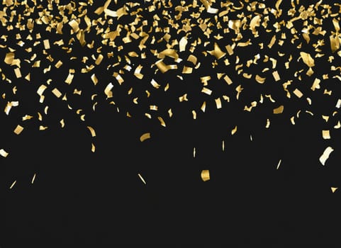 raining gold confetti isolated on black, party background concept with copy space for award