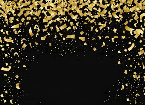 raining gold confetti isolated on black, party background concept with copy space for award