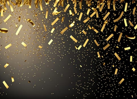 raining gold confetti isolated on black, party background concept with copy space for award