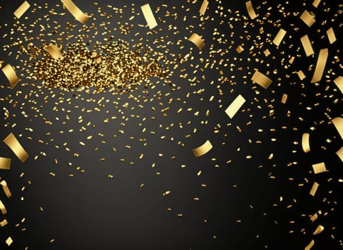 raining gold confetti isolated on black, party background concept with copy space for award