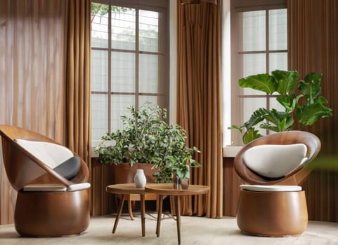  Two barrel chairs and round wooden coffee table against window near paneling wall