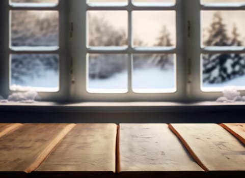 table and winter window in background with copy space