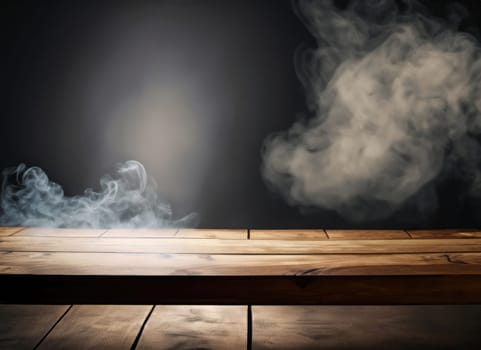  empty wooden table with cloud smoke float up on dark background
